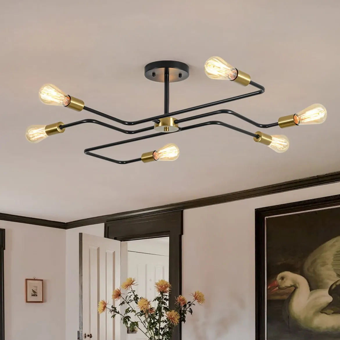 Industrial 6-Light Pipeline Sputnik Semi Flush Mount