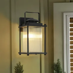 IP23 Black Ribbed Glass Square Outdoor Wall Lantern