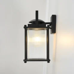 IP23 Black Ribbed Glass Square Outdoor Wall Lantern