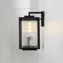 IP23 1-Light Black Ribbed Glass Outdoor Wall Lantern
