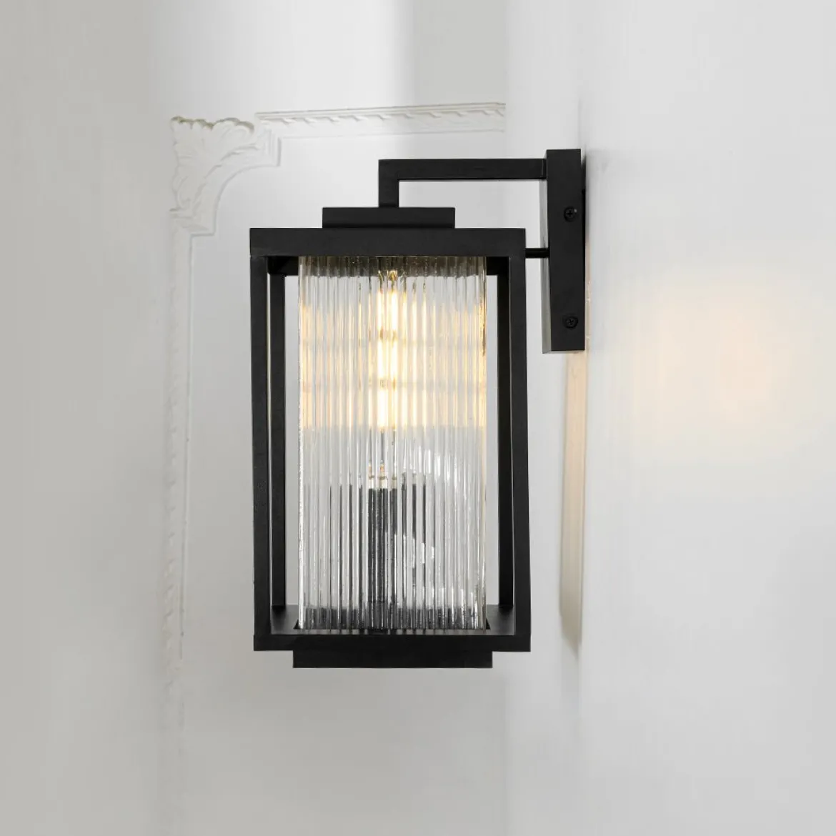 IP23 1-Light Black Ribbed Glass Outdoor Wall Lantern