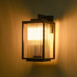IP23 1-Light Black Ribbed Glass Outdoor Wall Lantern