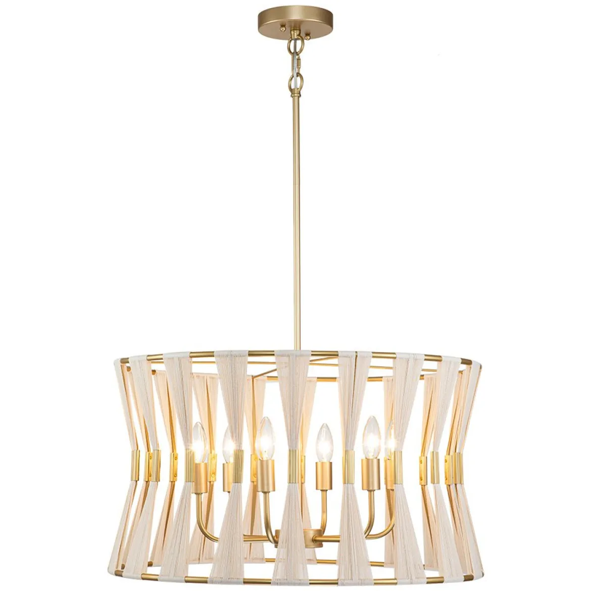 Ivory Woven Brass Open Drum Pendant Light