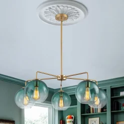 Lake House Green Glass Globe 5-Light Round Sputnik Chandelier