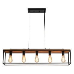 5-Light Aged Oak Iron Rectangle Cage Island Chandelier