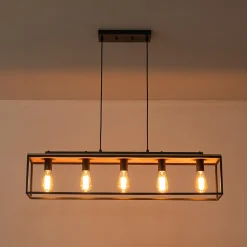 5-Light Aged Oak Iron Rectangle Cage Island Chandelier