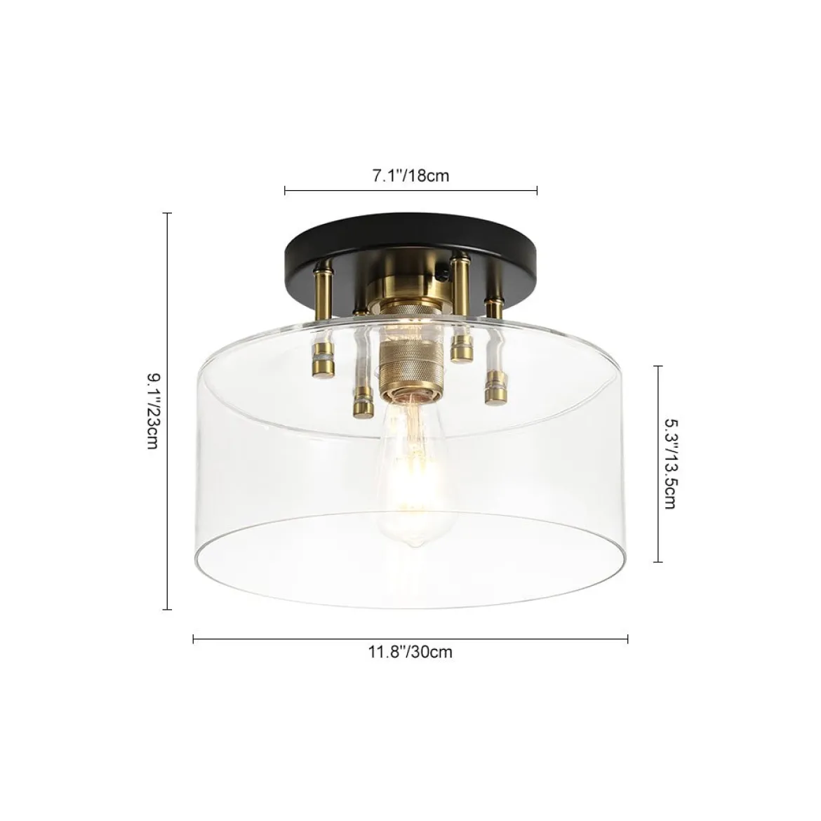 1-Light Black Brass Clear Glass Drum Semi Flush Mount