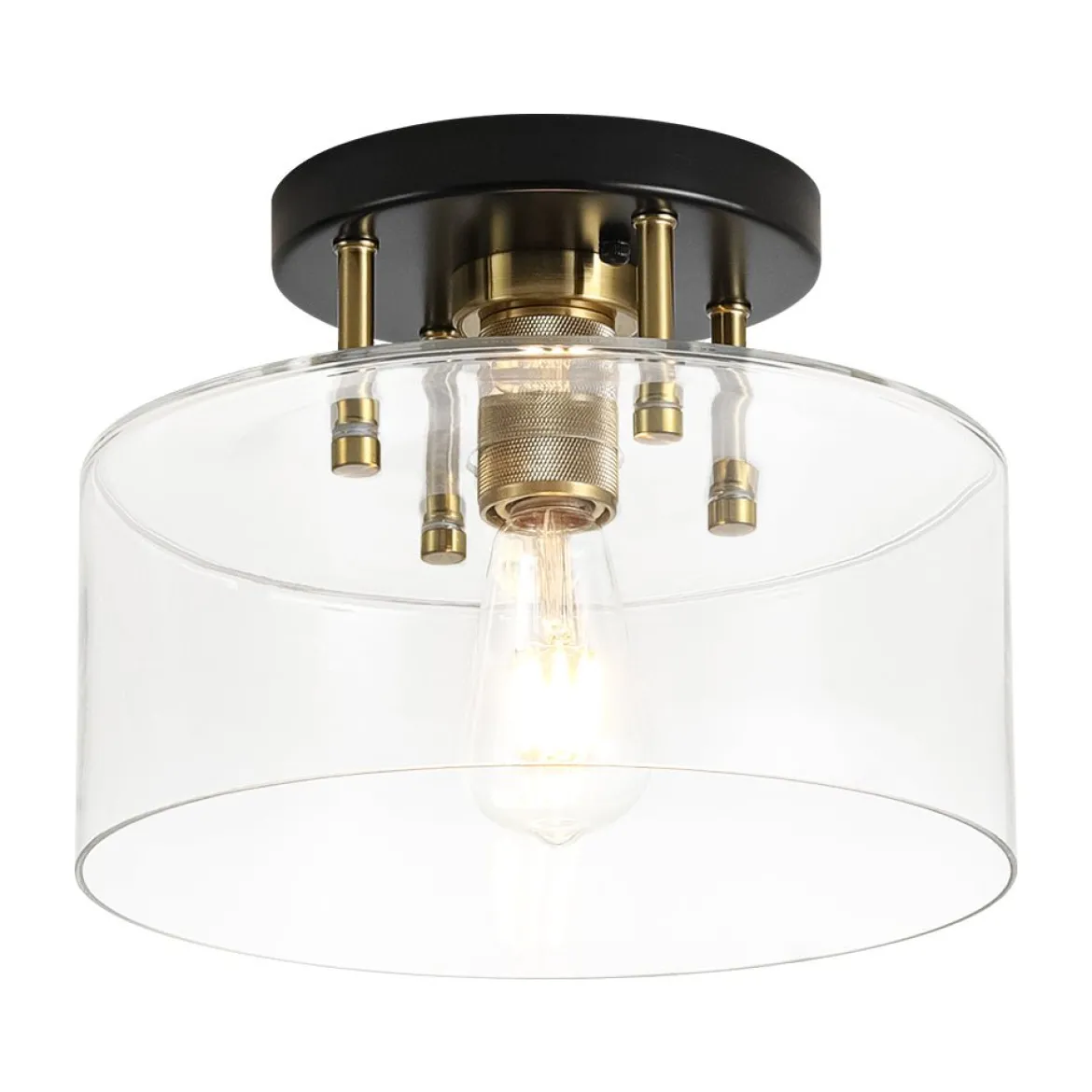1-Light Black Brass Clear Glass Drum Semi Flush Mount