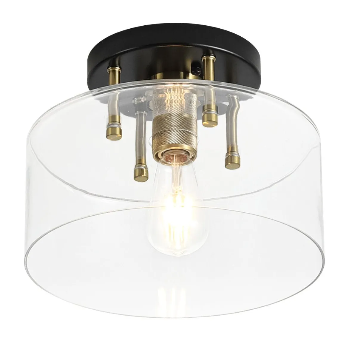 1-Light Black Brass Clear Glass Drum Semi Flush Mount