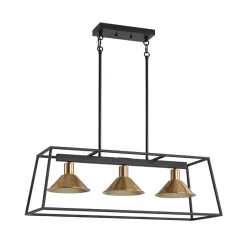 3-Light Black Brass Rectangle Cage Island Chandelier
