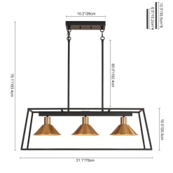 3-Light Black Brass Rectangle Cage Island Chandelier