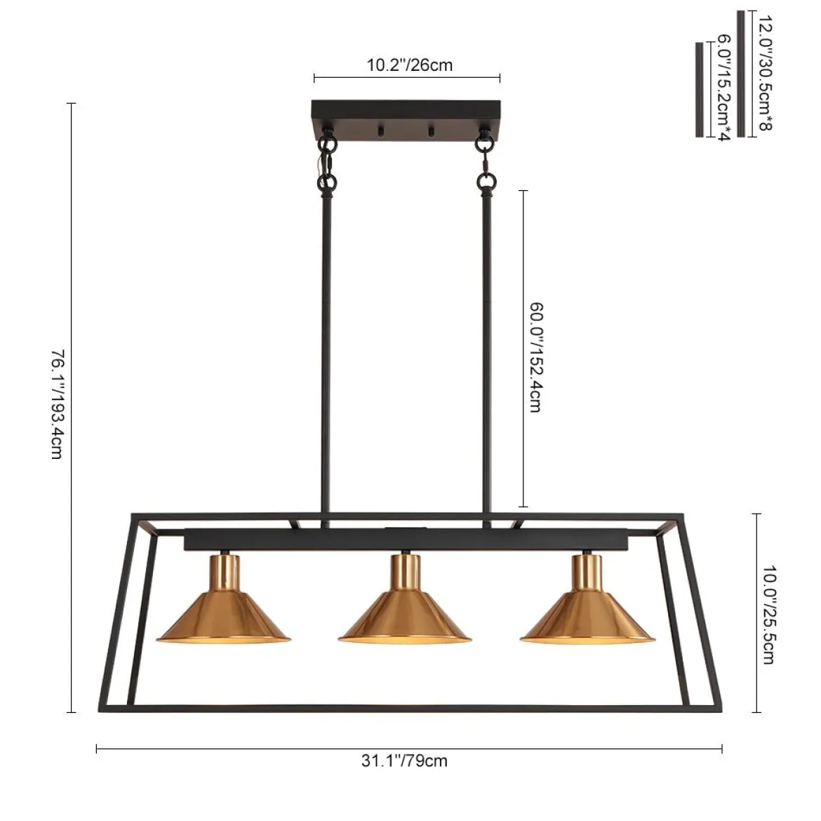 3-Light Black Brass Rectangle Cage Island Chandelier