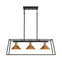3-Light Black Brass Rectangle Cage Island Chandelier