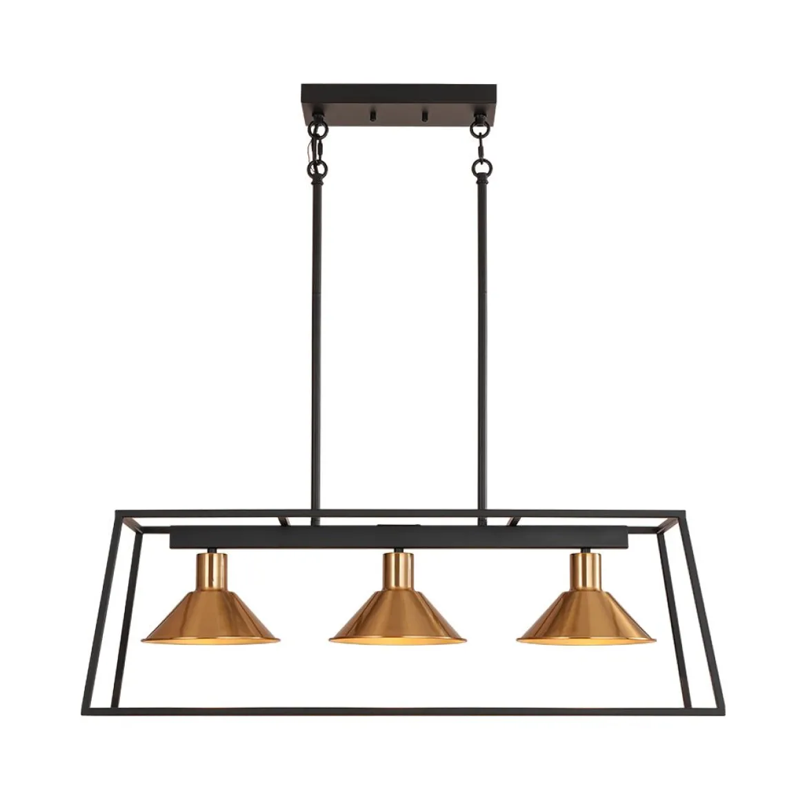 3-Light Black Brass Rectangle Cage Island Chandelier