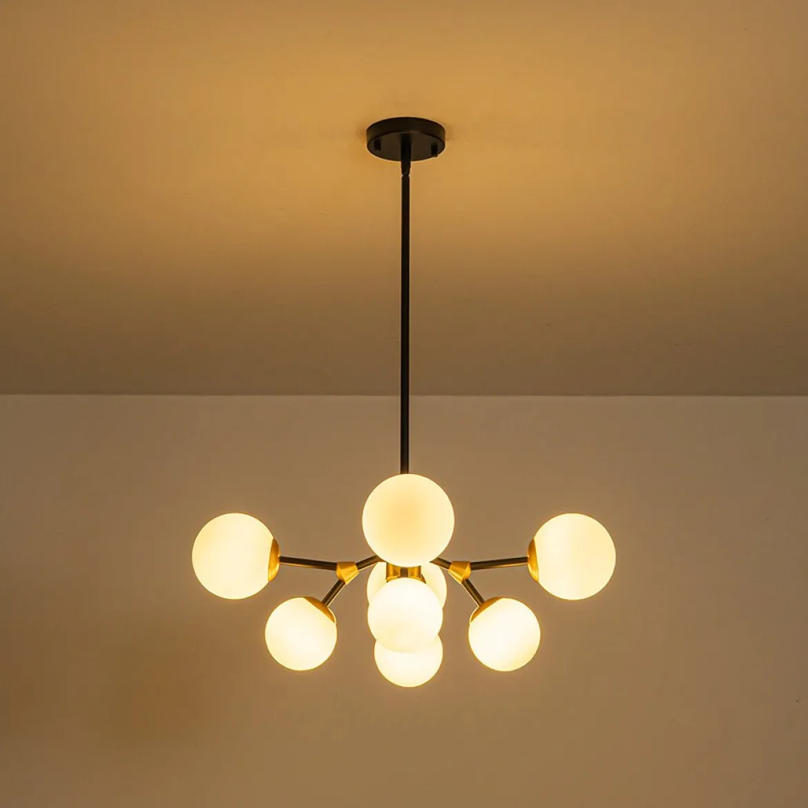8-Light Black Brass White Glass Globe Round Sputnik Chandelier