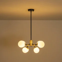 8-Light Black Brass White Glass Globe Round Sputnik Chandelier