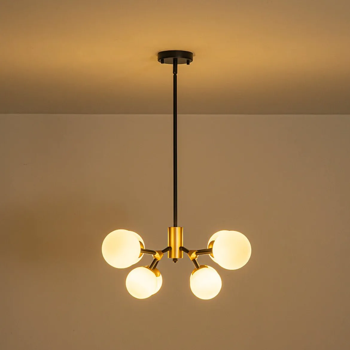 8-Light Black Brass White Glass Globe Round Sputnik Chandelier