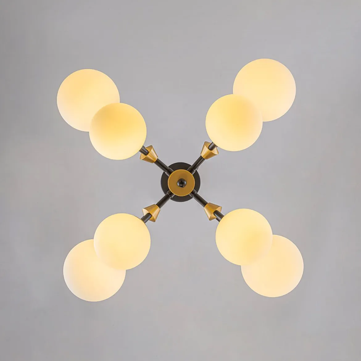 8-Light Black Brass White Glass Globe Round Sputnik Chandelier