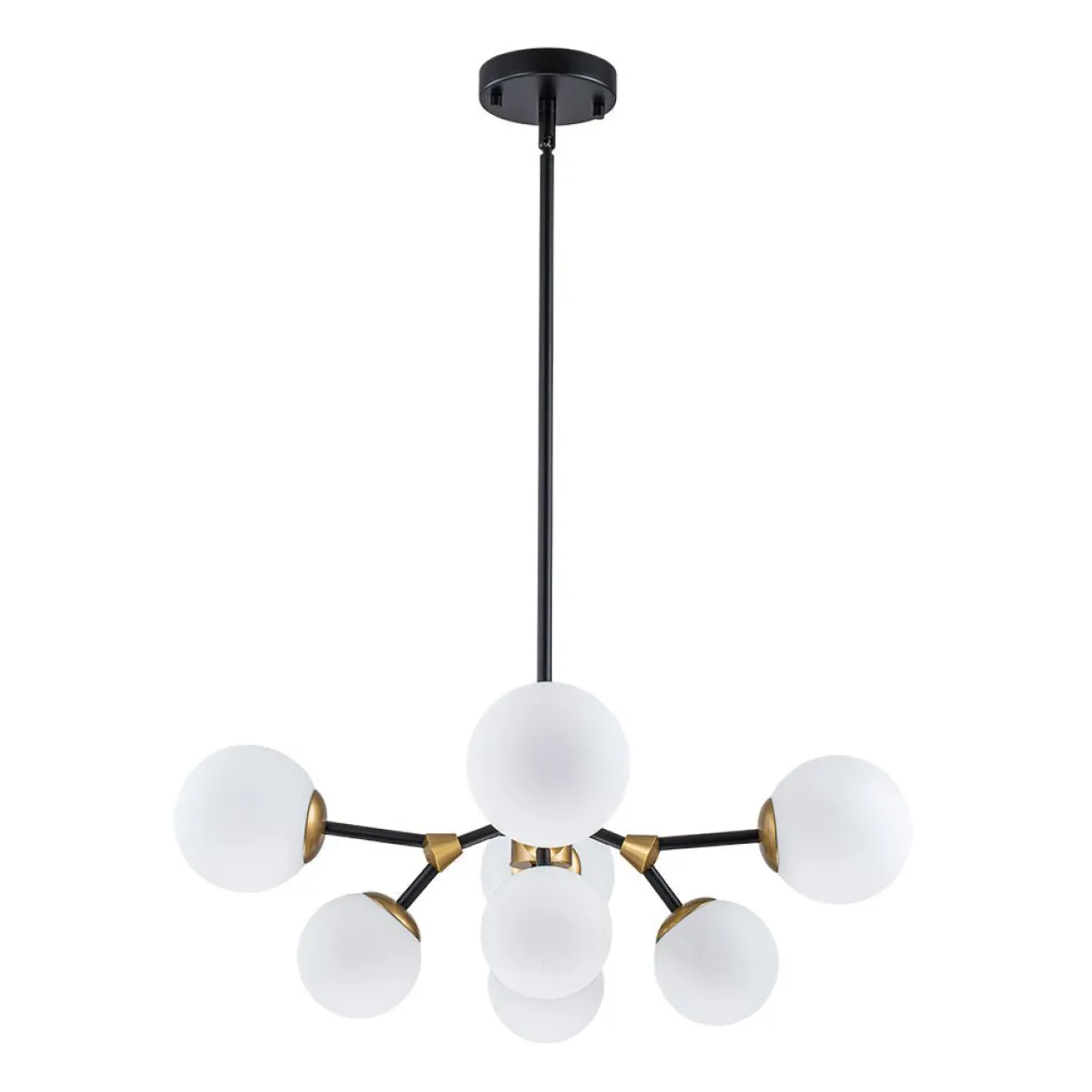 8-Light Black Brass White Glass Globe Round Sputnik Chandelier