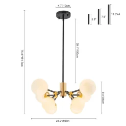 8-Light Black Brass White Glass Globe Round Sputnik Chandelier