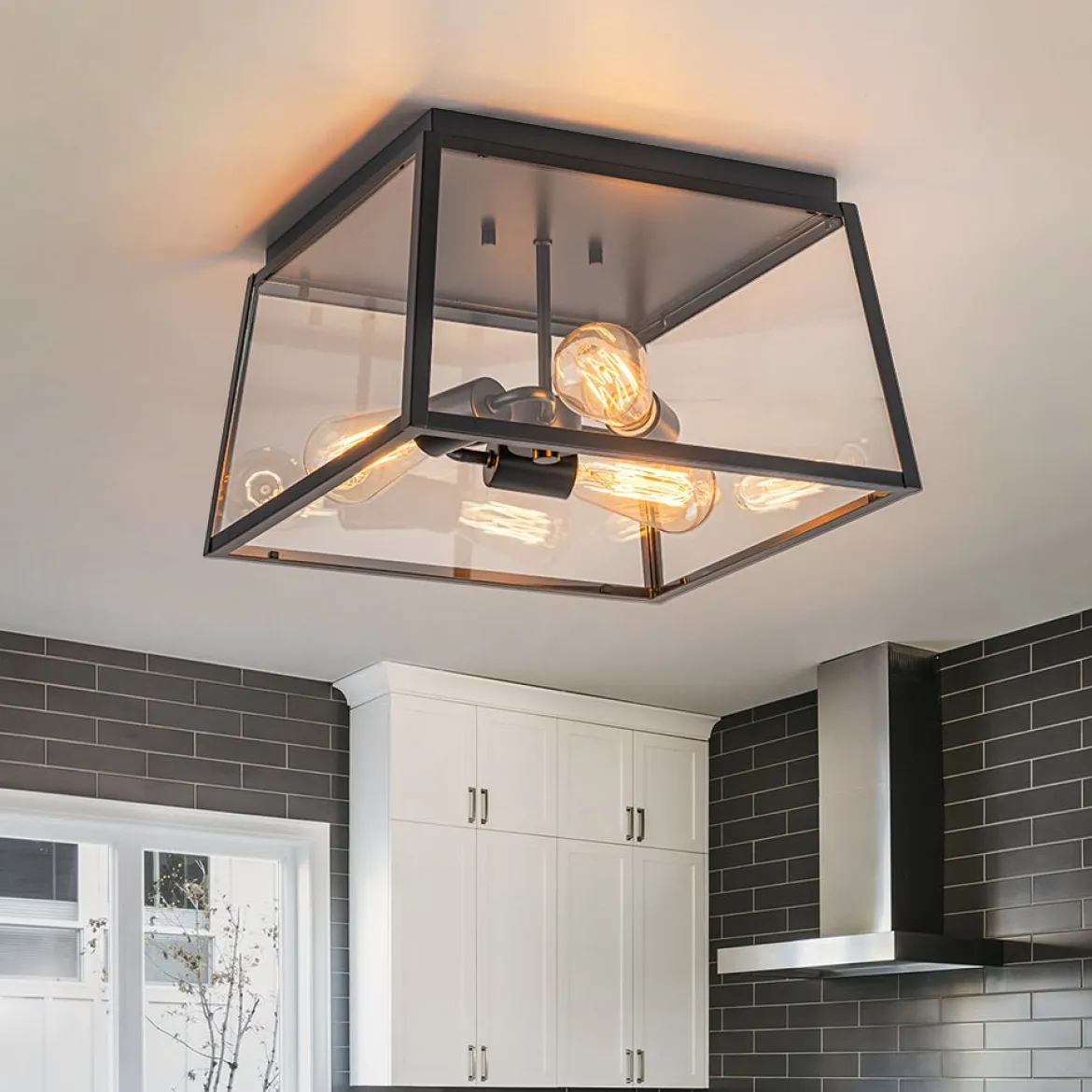 3-Light Black Square Box Clear Glass Cage Ceiling Light