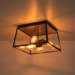 3-Light Black Square Box Clear Glass Cage Ceiling Light