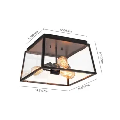 3-Light Black Square Box Clear Glass Cage Ceiling Light