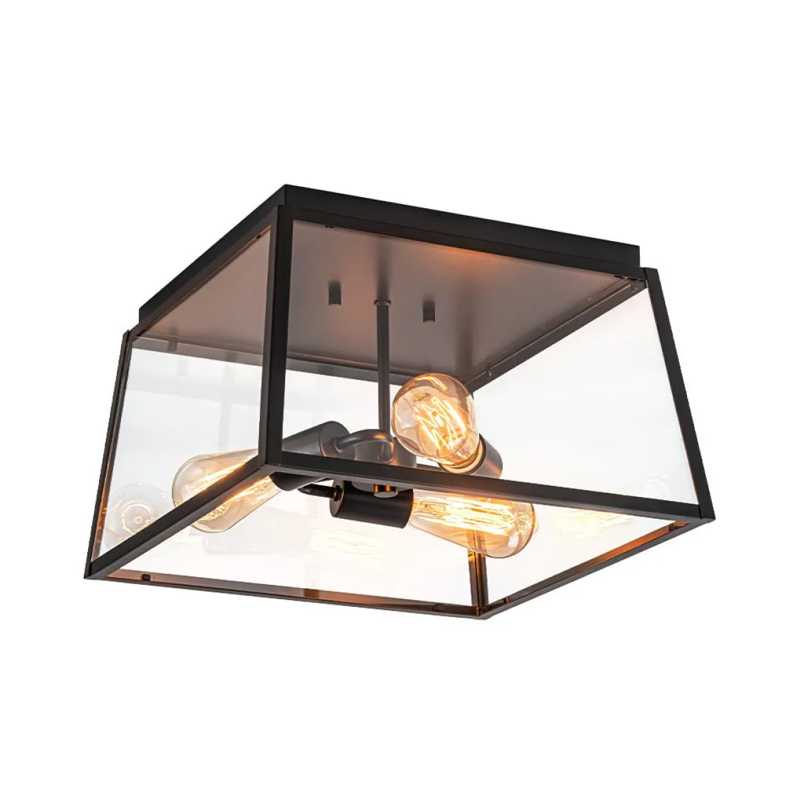 3-Light Black Square Box Clear Glass Cage Ceiling Light