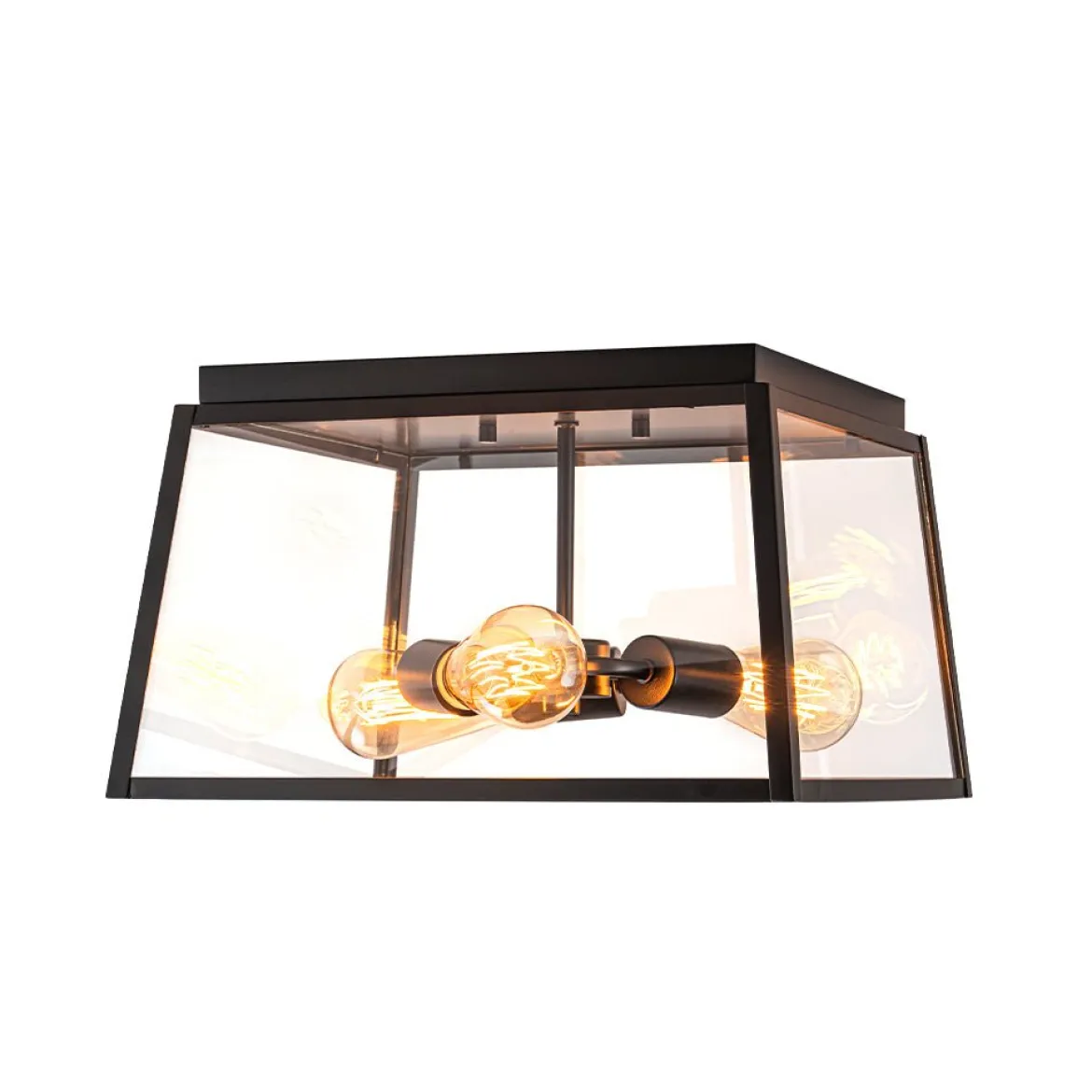 3-Light Black Square Box Clear Glass Cage Ceiling Light