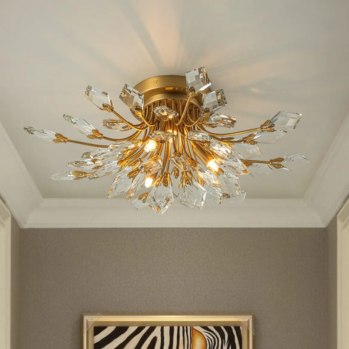 4-Light Bloom Crystal Leaf Semi Flush Mount Light