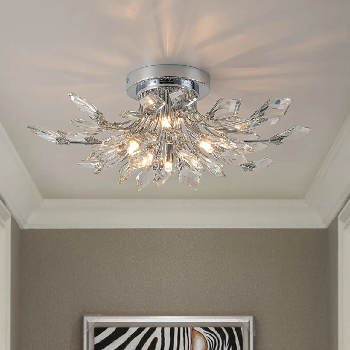 4-Light Bloom Crystal Leaf Semi Flush Mount Light