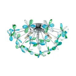 5-Light Bloom Green Blue Crystal Dandelion Semi Flush Mount