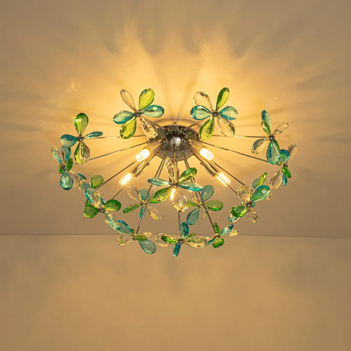 5-Light Bloom Green Blue Crystal Dandelion Semi Flush Mount