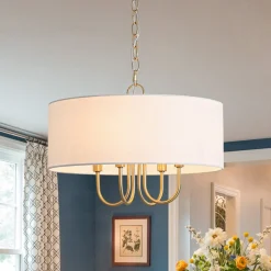 4-Light Brass Candle Style White Fabric Drum Cage Chandelier