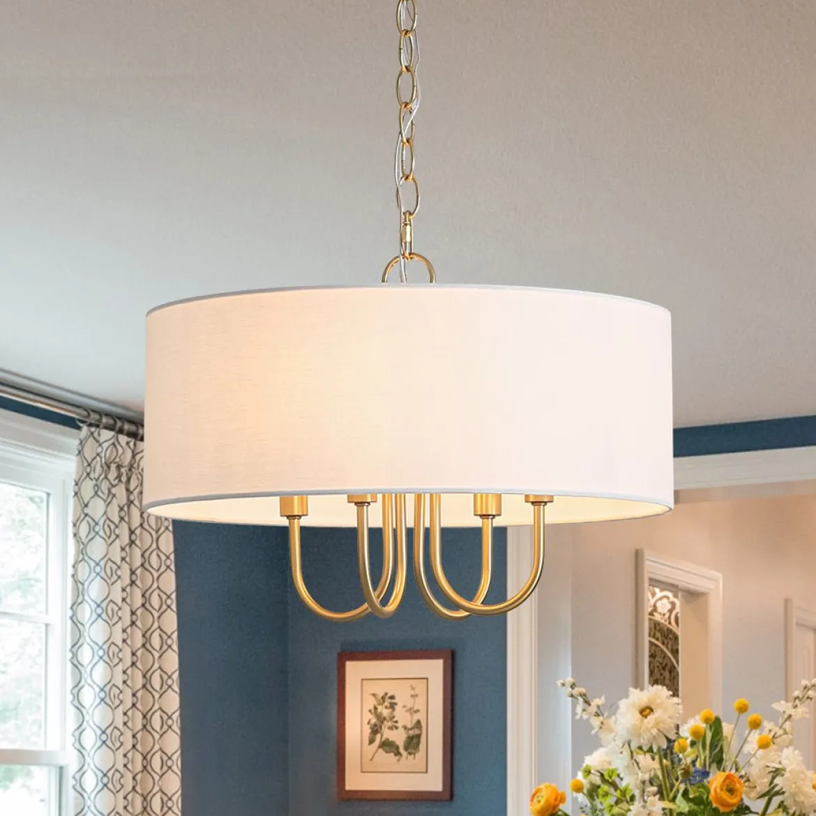 4-Light Brass Candle Style White Fabric Drum Cage Chandelier