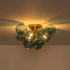 3-Light Brass Cluster Blue Glass Globe Bubble Ceiling Light