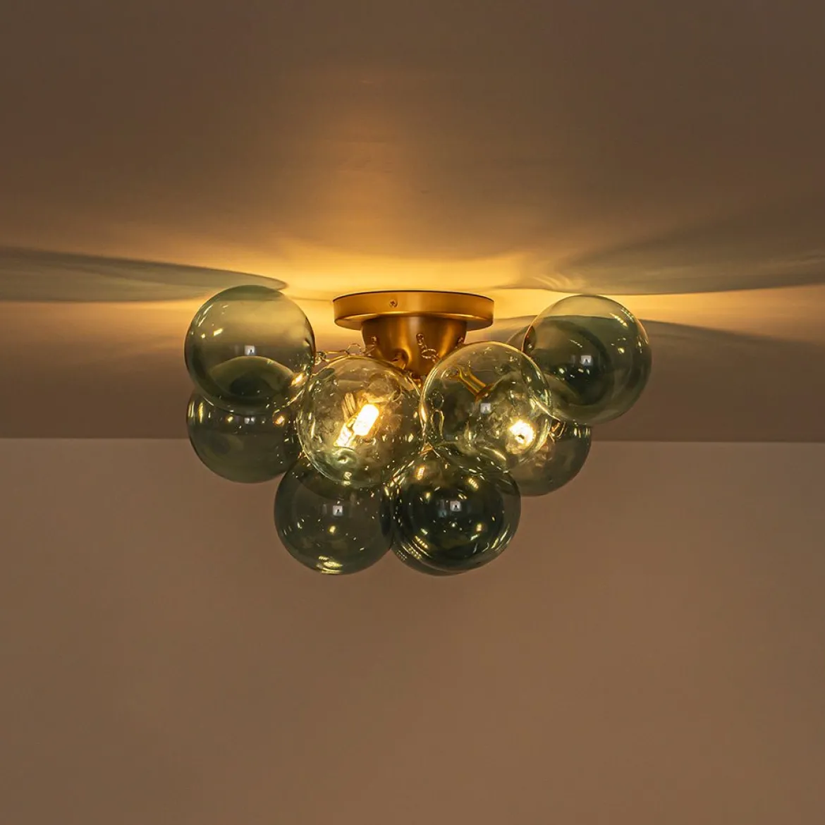 3-Light Brass Cluster Blue Glass Globe Bubble Ceiling Light