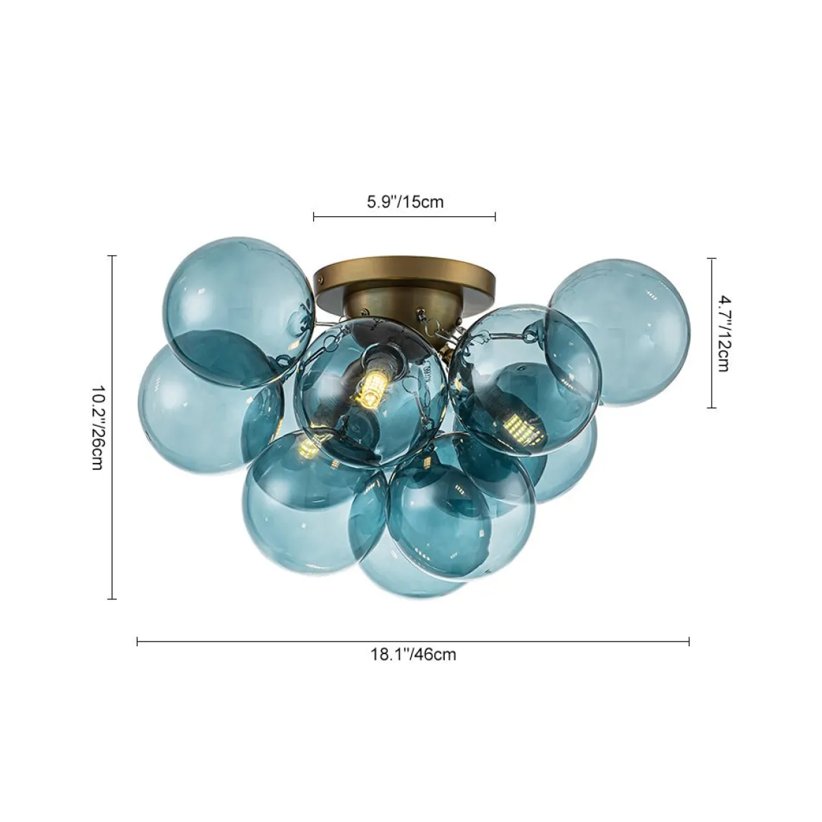 3-Light Brass Cluster Blue Glass Globe Bubble Ceiling Light
