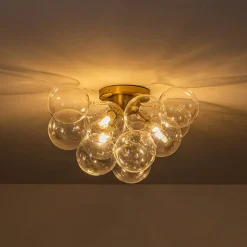 3-Light Brass Cluster Clear Glass Globe Bubble Ceiling Light