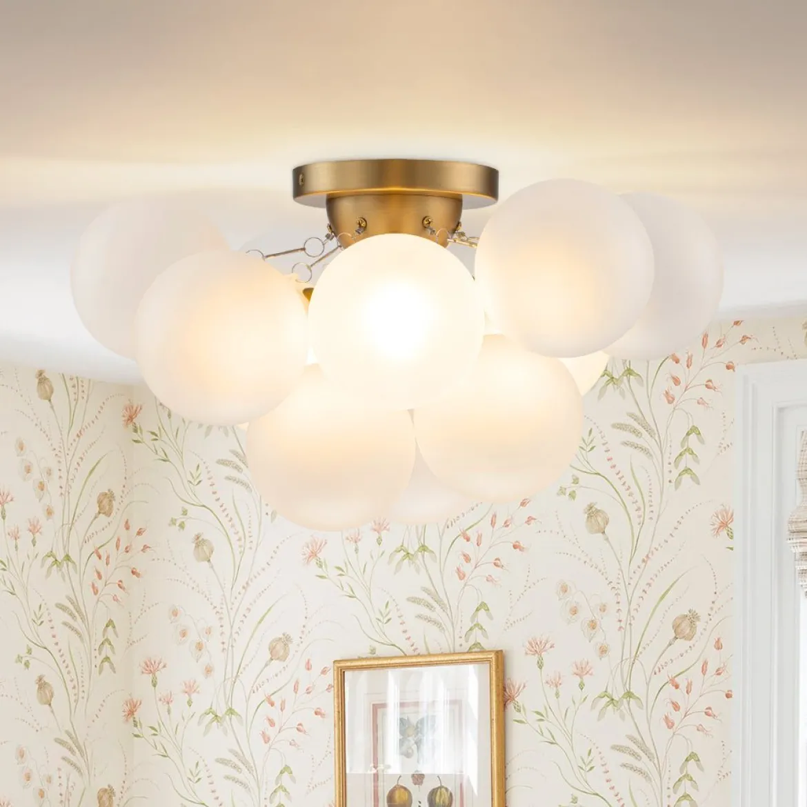 3-Light Brass Cluster Frosted Glass Globe Bubble Ceiling Light