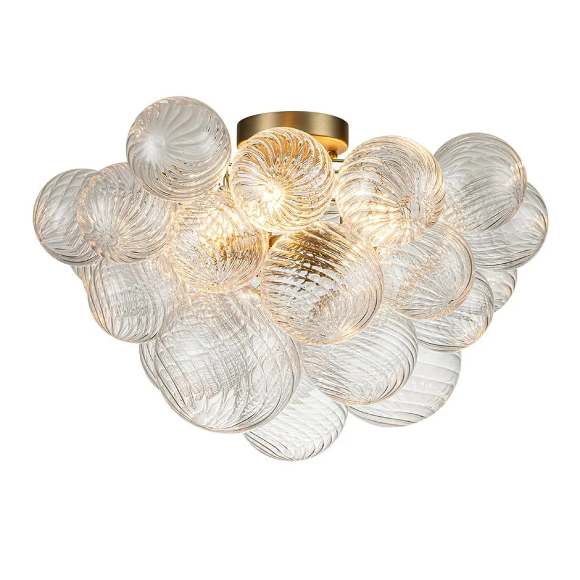 3-Light Brass Cluster Ribbed Glass Bubble Semi Flush Chandelier