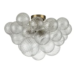 3-Light Brass Cluster Ribbed Glass Bubble Semi Flush Chandelier