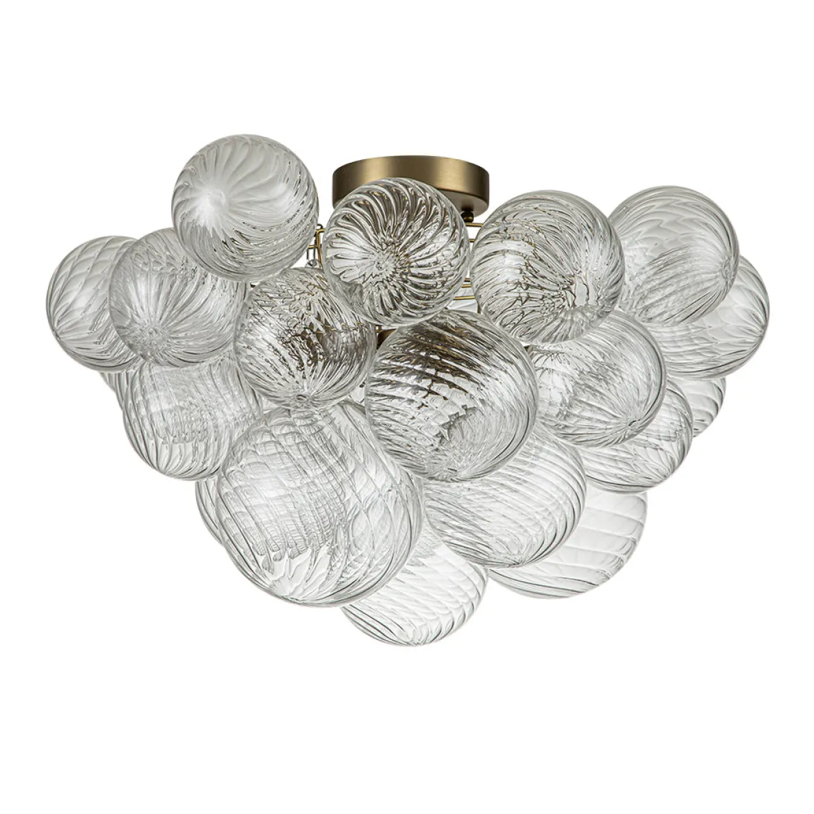3-Light Brass Cluster Ribbed Glass Bubble Semi Flush Chandelier