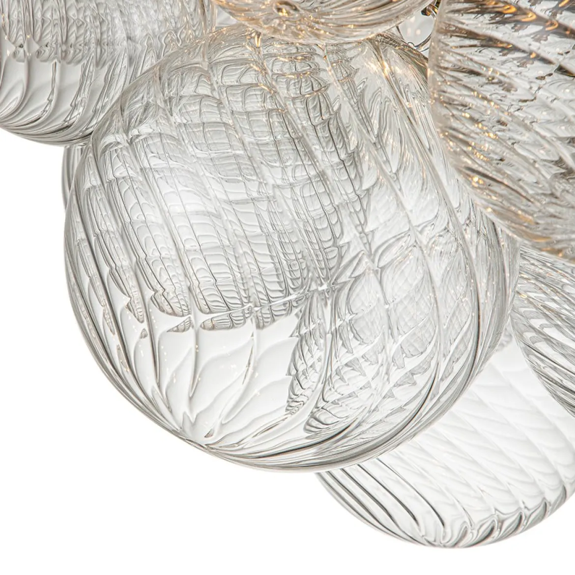 3-Light Brass Cluster Ribbed Glass Bubble Semi Flush Chandelier