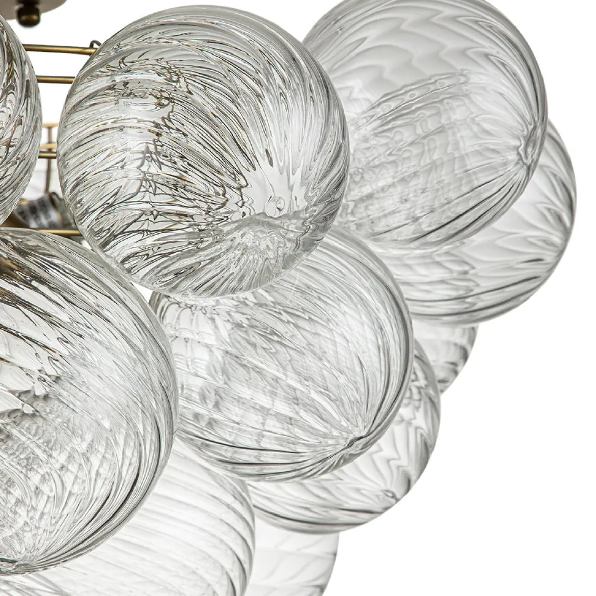 3-Light Brass Cluster Ribbed Glass Bubble Semi Flush Chandelier