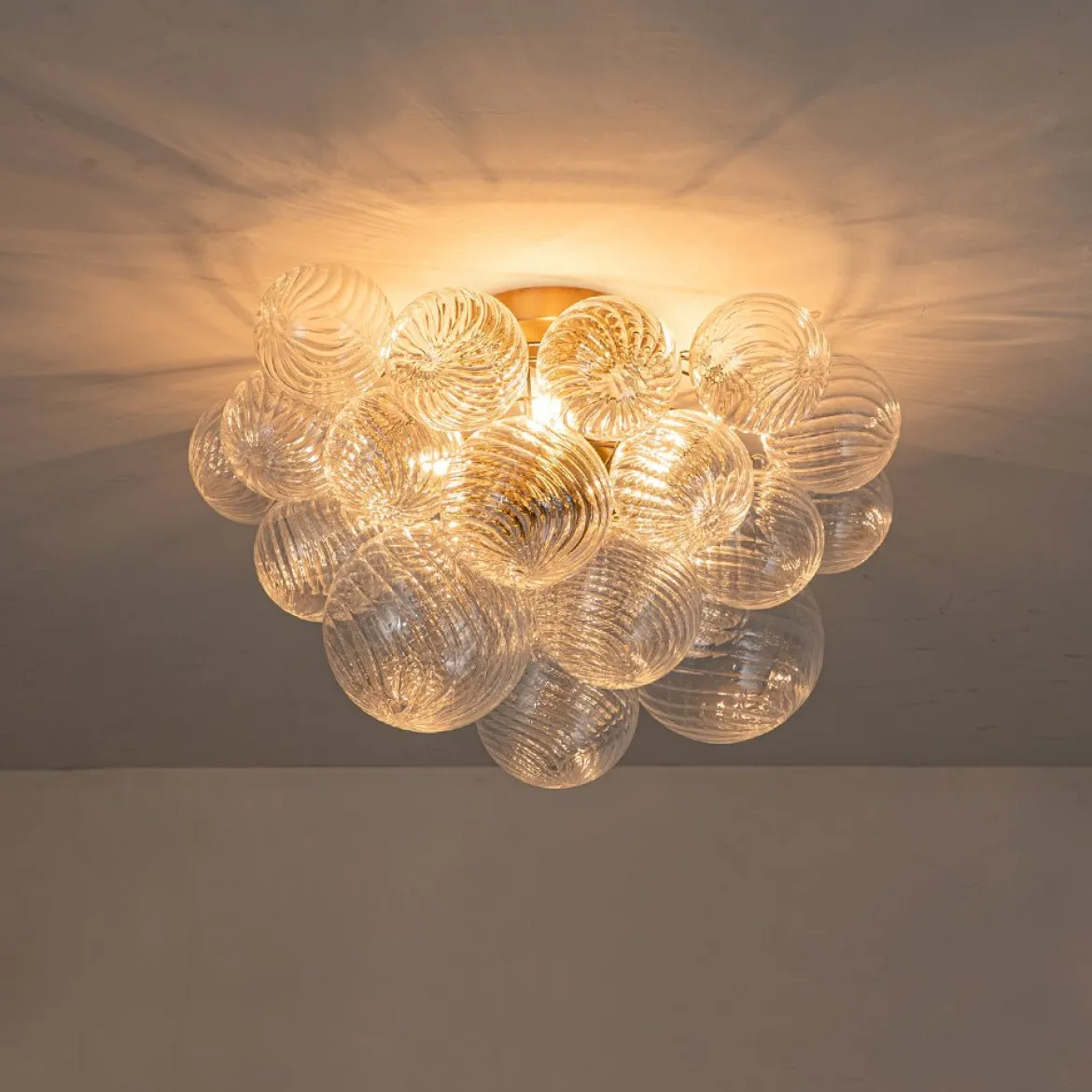 3-Light Brass Cluster Ribbed Glass Bubble Semi Flush Chandelier