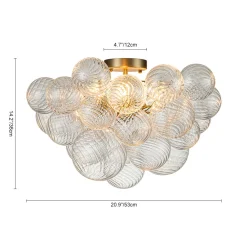 3-Light Brass Cluster Ribbed Glass Bubble Semi Flush Chandelier