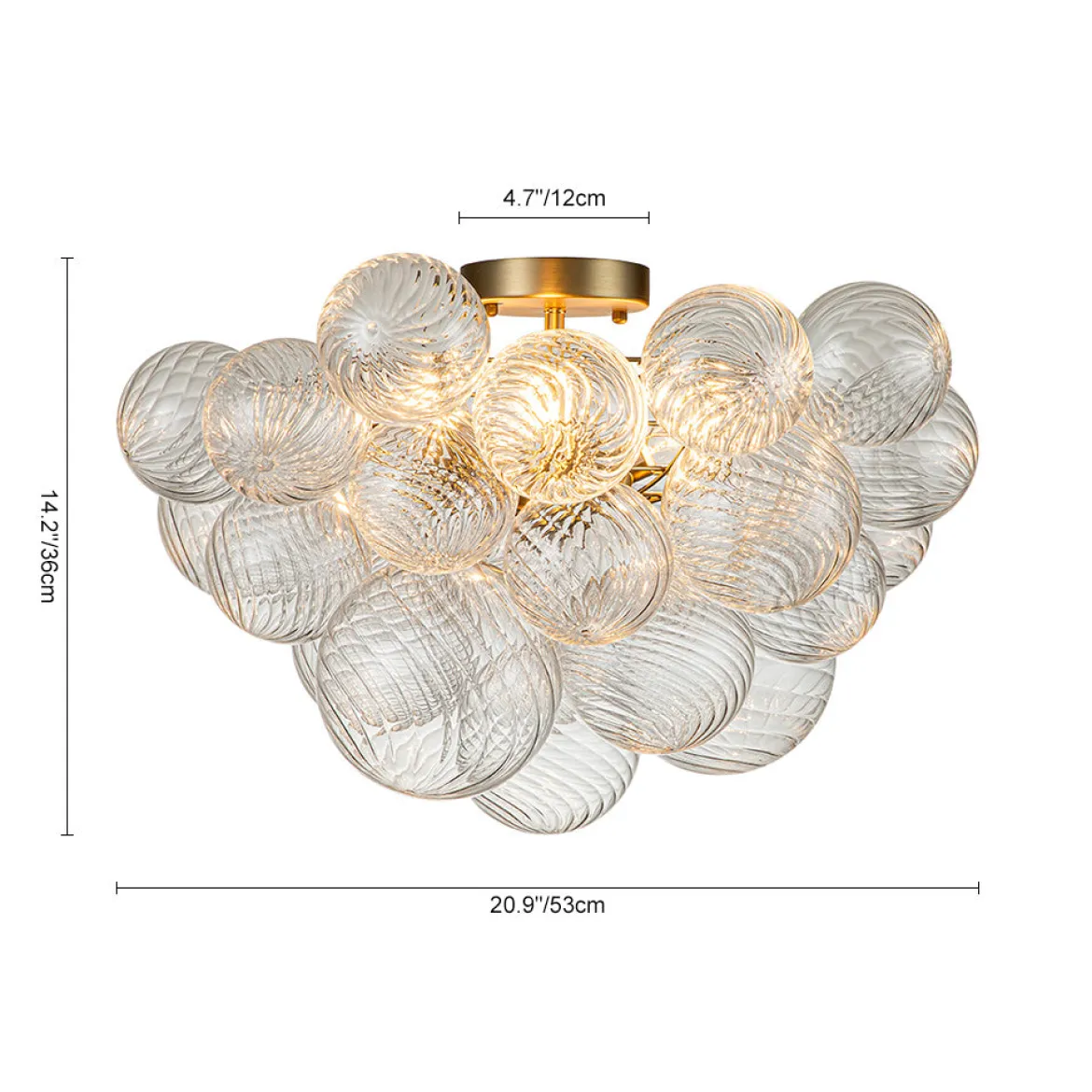 3-Light Brass Cluster Ribbed Glass Bubble Semi Flush Chandelier