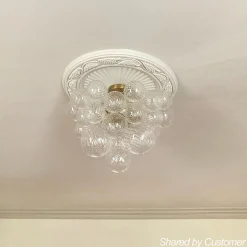 3-Light Brass Cluster Ribbed Glass Bubble Semi Flush Chandelier