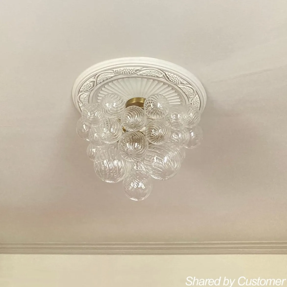 3-Light Brass Cluster Ribbed Glass Bubble Semi Flush Chandelier
